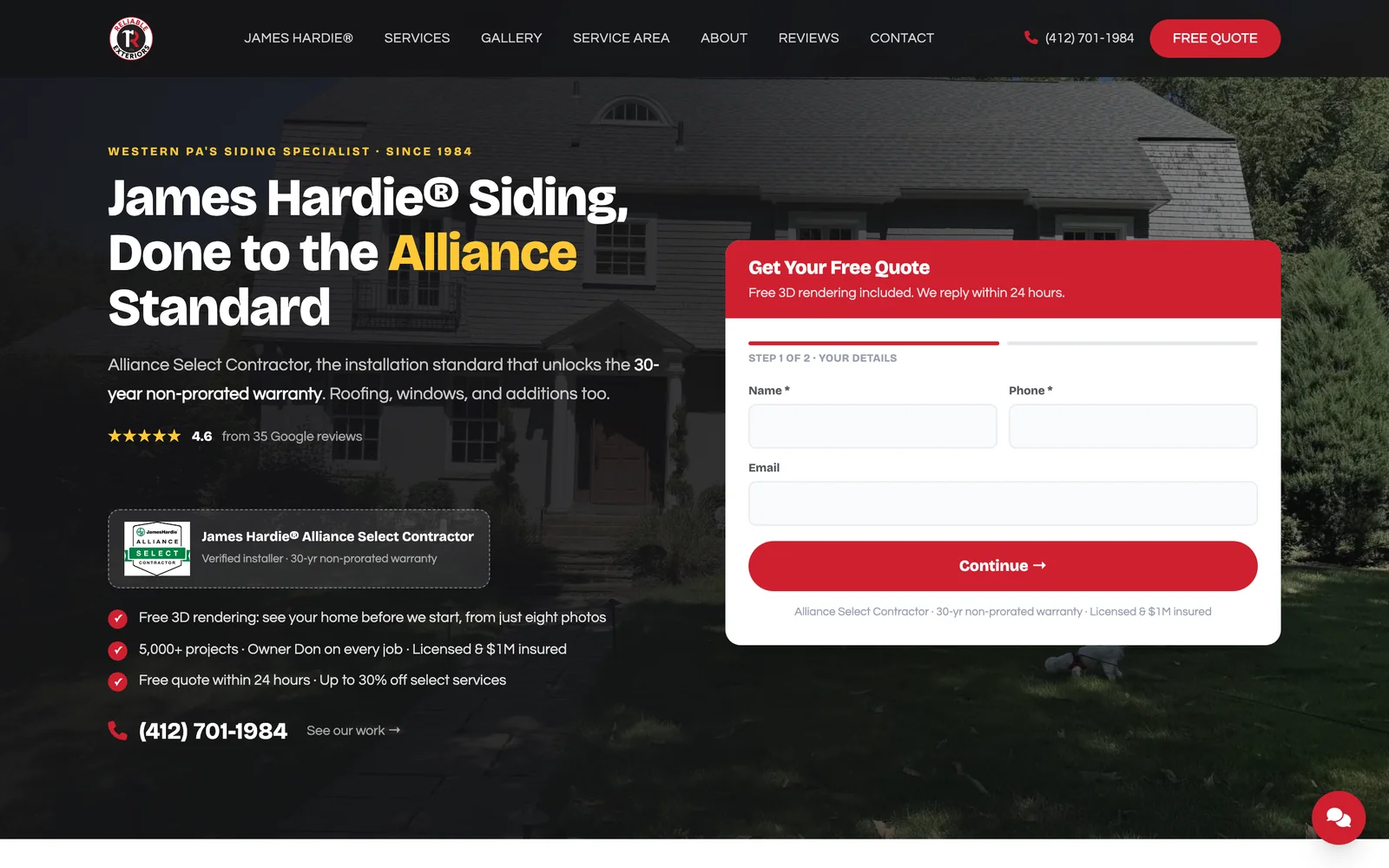 The Reliable Exteriors website homepage, designed and built by Miles Media